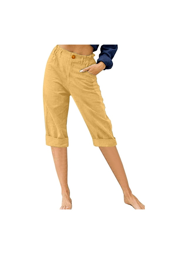 Womens Capris for Summer Comfy Cotton Linen Capri Pants Casual Elastic Waist Lounge Pants Solid Loose Fit Cropped Pants with Pockets