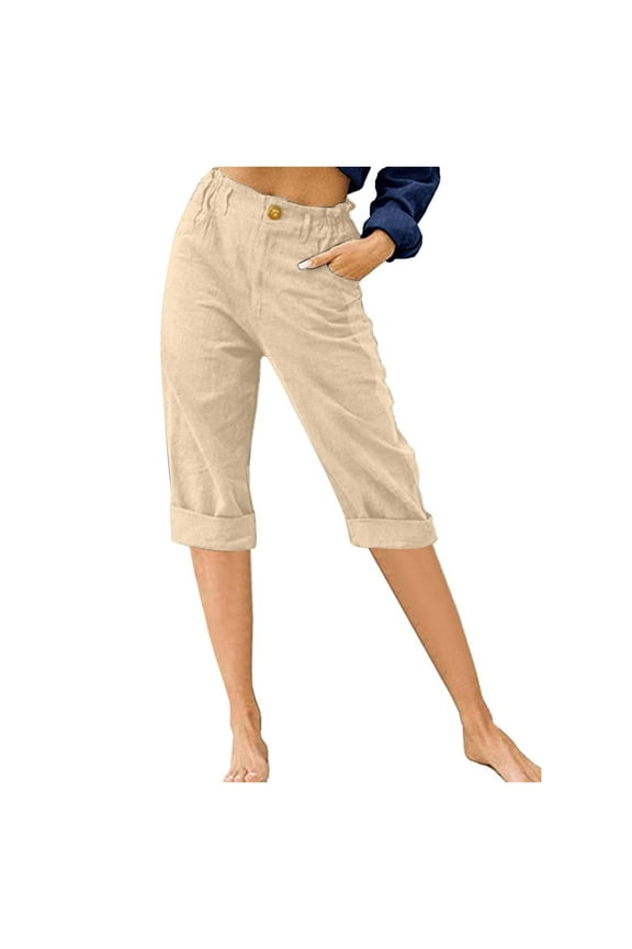 Womens Capris for Summer Comfy Cotton Linen Pants Casual Elastic Waist Lounge Pants Solid Loose Fit Cropped Pants with Pockets