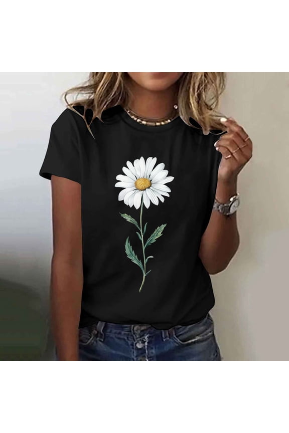 Womens Casual Cotton T Shirts Vintage Daisy Printed Tshirts Breathable Soft Cotton Tops Summer Short Sleeve Tee Shirt Loose Fitted Lightweight Blouses