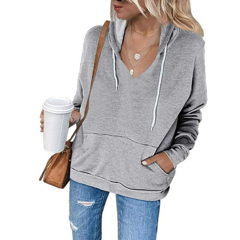 Aboser Womens Casual Hoodies Plus Size Long Sleeve Sweatshirts Drawstring  Fall Tops Solid V Neck Pullover Shirts with Pockets