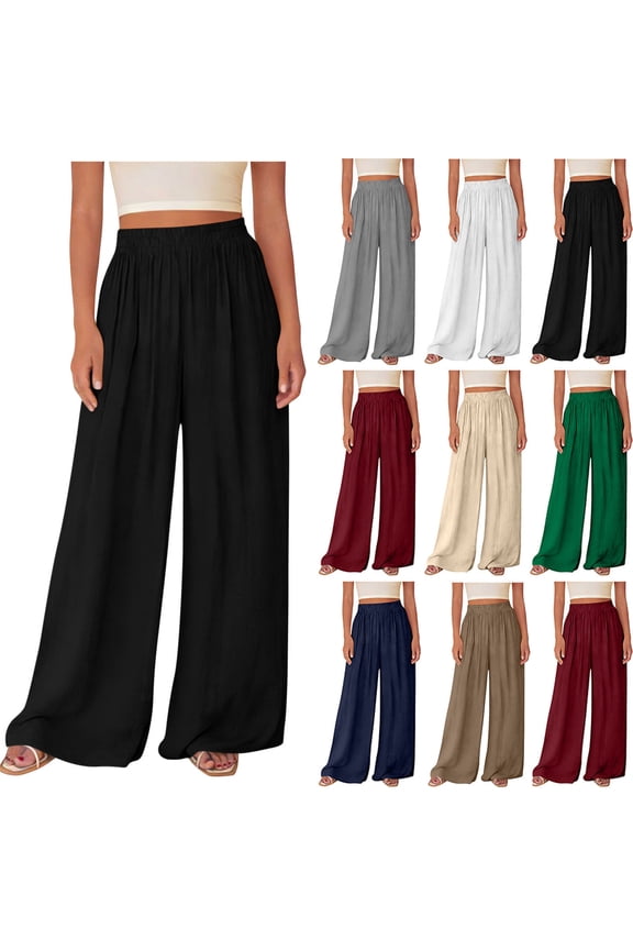 Womens Casual Palazzo Pants Wide Leg Lounge Pants Lightweight Elastic High Waist Trousers Loose Fits Beach Vacation Pants with Pockets