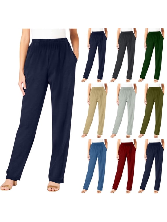 Womens Casual Pants Fall Straight Leg Pants Elastic High Waisted Lounge Pants Plus Size Fall Trousers Solid Color Long Pants with Pocket