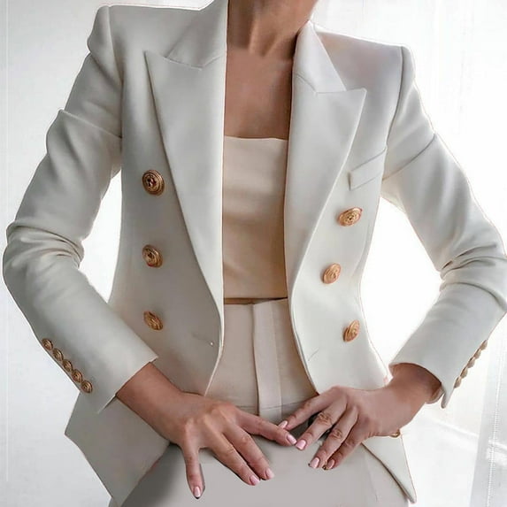 Aboser Womens Casual Pocketed Office Blazers Metal Buckle Button Cardigans Long Sleeve Lapel Jacket Solid Color Work Suit Coat Slim Fit Blazer