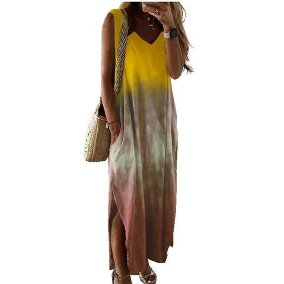 Aboser Womens Casual T-shirt Dresses V Neck Sleeveless Long Dress Tie Dye Maxi Dresses Summer Loose Fit Tank Dress with Pockets