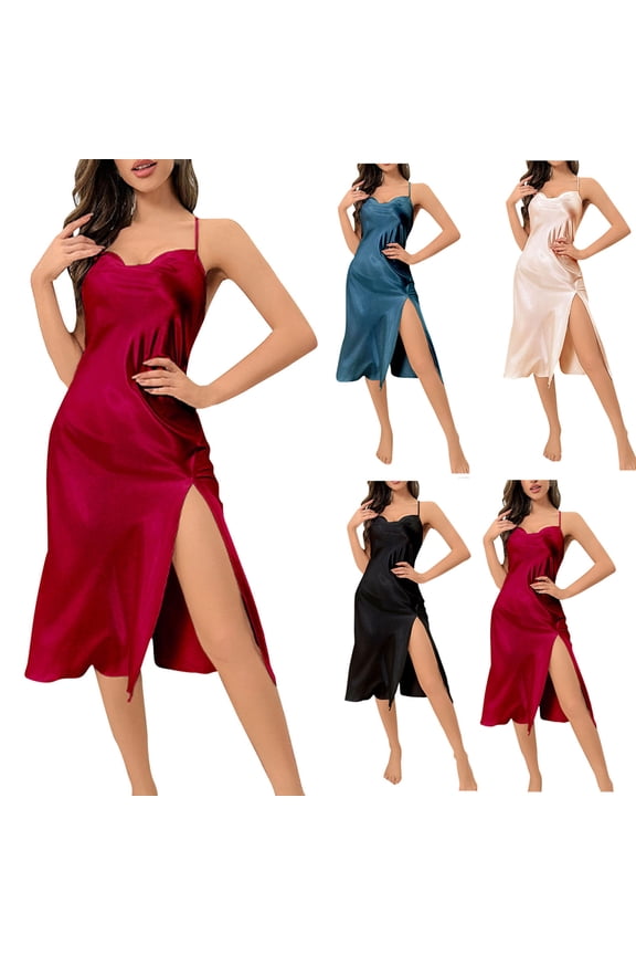 Womens Chemise Nightgowns Elegant Satin Silk Sleepdress High Split Long Nightshirts Skinny Spaghetti Strap Loungewear Cozy Soft V Neck Pajama Dress