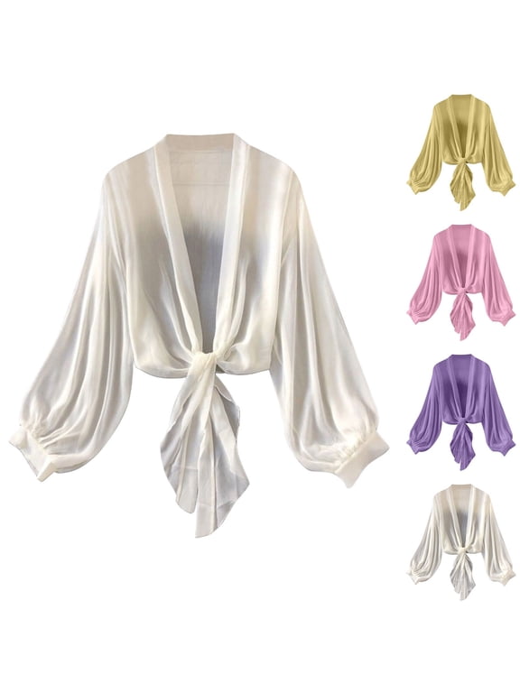 Womens Chiffon Bolero Cardigan Tie Knot Cropped Cardigans Lightweight Sheer Cover Ups Loose Fit Open Front Crop Shawl Tops