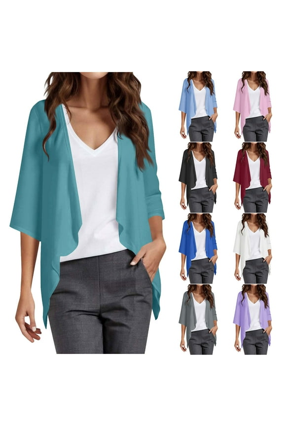Womens Chiffon Cardigans Trendy Puff 3/4 Sleeve Kimono Cardigan Open Front Draped Kimonos Flowy Loose Fit Cardigans Vacation Clothes