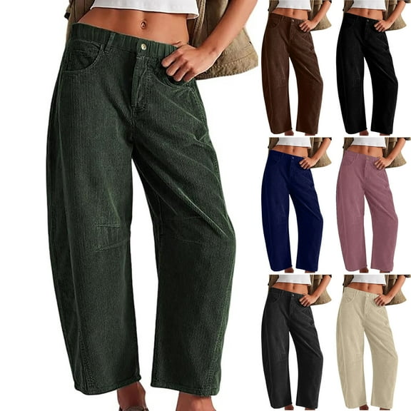 Aboser Womens Corduroy Lounge Pants Y2k Baggy Barrel Pants Comfy Elastic Waist Trousers Casual Wide Leg Cropped Pants with Pockets Brown M