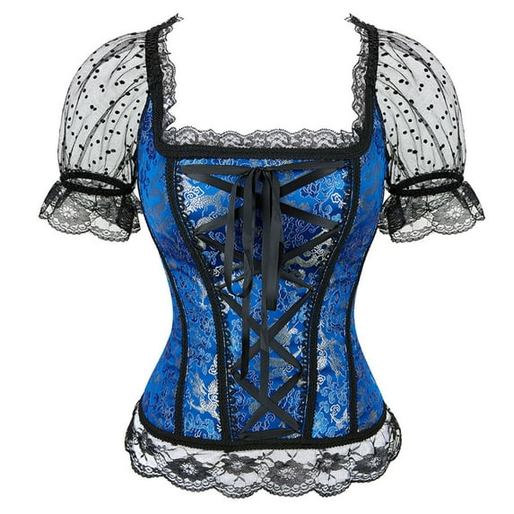 Aboser Womens Corset Tops Trendy Plus Size Brocade Lace Trim Bustier Top Short Sleeve Boned Overbust Corsets Bodyshaper Going Out Tops