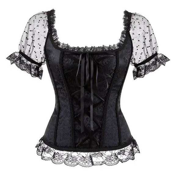 Aboser Womens Corset Tops Trendy Plus Size Brocade Lace Trim Bustier Top Short Sleeve Boned Overbust Corsets Bodyshaper Going Out Tops