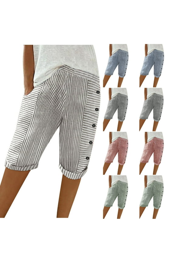 Womens Cotton Bermuda Shorts Casual Elastic Waist Long Shorts Below the Knee Beach Shorts Fashion Striped Print Lounge Shorts with Pockets