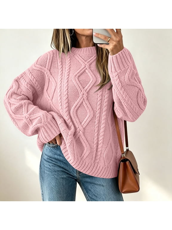 Womens Cotton Cable Knit Sweaters Trendy Mock Neck Jumper Tops Lightweight Warm Long Sleeve Tunic Sweater Solid Color Casual Pullover Knitwear