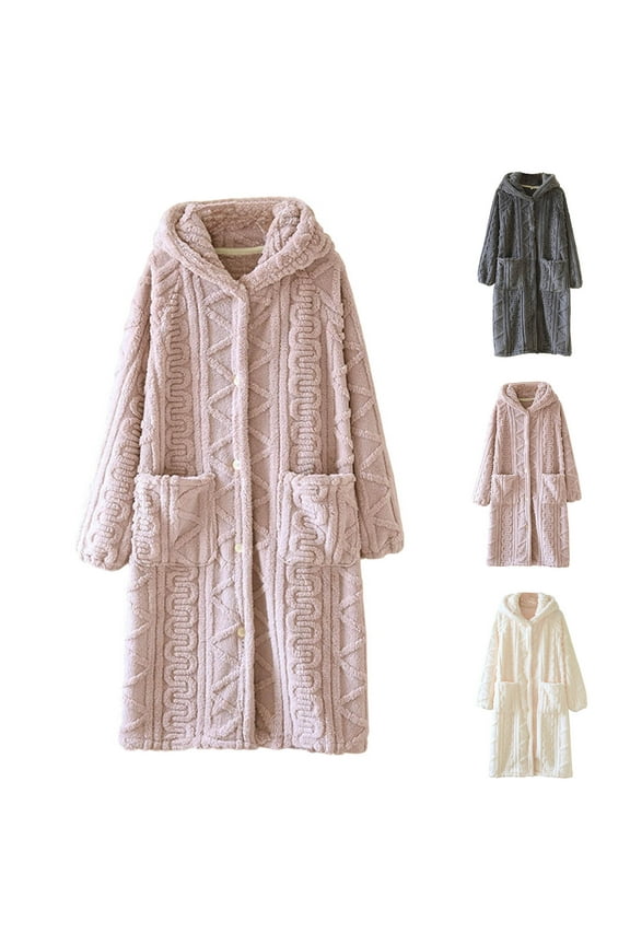 Womens Cotton Fleece Robes with Hood Winter Warm Plush House Coats Button Down Long Bathrobes Loose Fit Long Sleeve Sleepwear Cozy Soft Robe with Pockets Beige M