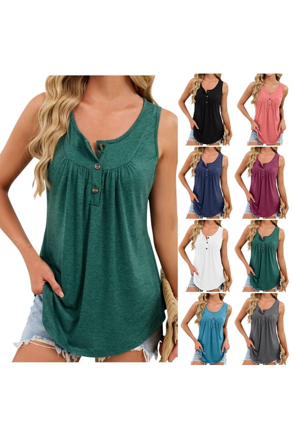 Womens Cotton Henley Shirts Button Up Sleeveless Tank Tops Dressy Casual Crewneck Blouse Loose Fitted Long Torso Top Hide Belly Tunic Shirt