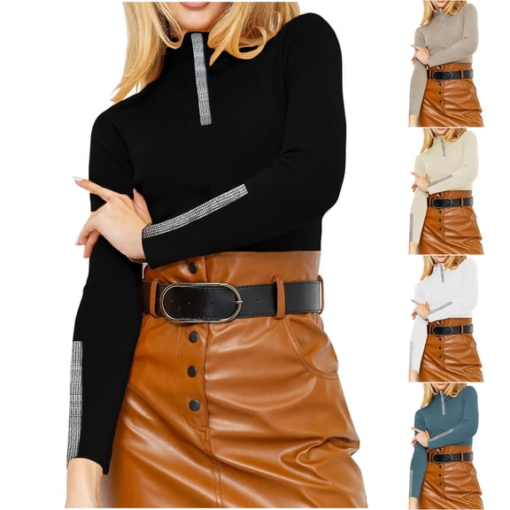 Aboser Womens Cotton Knit Tops Rhinestone Y2k Shirts Slim Fitted Turtleneck Sweaters Trendy Patchwork Long Sleeve Jumper Top Cozy Soft Pullover Shirt