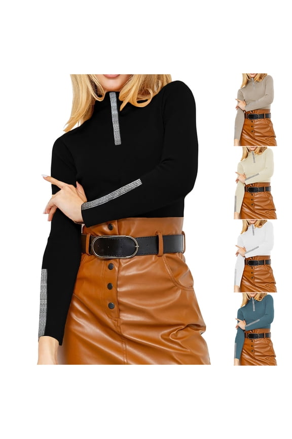 Womens Cotton Knit Tops Rhinestone Y2k Shirts Slim Fitted Turtleneck Sweaters Trendy Patchwork Long Sleeve Jumper Top Cozy Soft Pullover Shirt