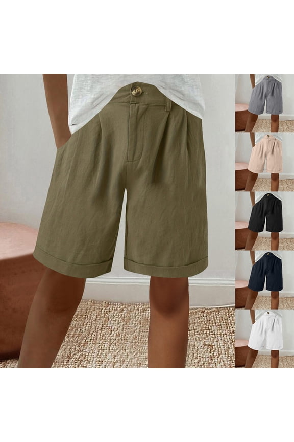 Womens Cotton Linen Bermuda Shorts Above the Knee Summer Shorts Button High Waisted Lounge Shorts Breathable Casual Beach Shorts with Pockets