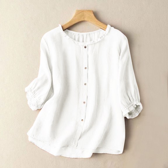 Aboser Womens Cotton Linen Blouses Ruffle 3/4 Sleeve Shirts Summer Crewneck Tunic Tops Casual Button Down T-Shirt Solid Loose Fit Blouse
