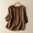 thumbnail image 1 of Aboser Womens Cotton Linen Blouses Ruffle 3/4 Sleeve Shirts Summer Crewneck Tunic Tops Casual Button Down T-Shirt Solid Loose Fit Blouse, 1 of 5