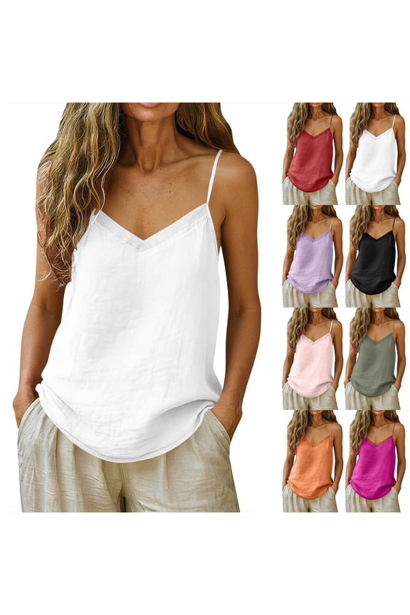 Womens Cotton Linen Camisole Tops Summer Casual Spaghetti Strap Basic Tees Comfy V Neck Tank Top Thin Sleeveless Cami Shirts