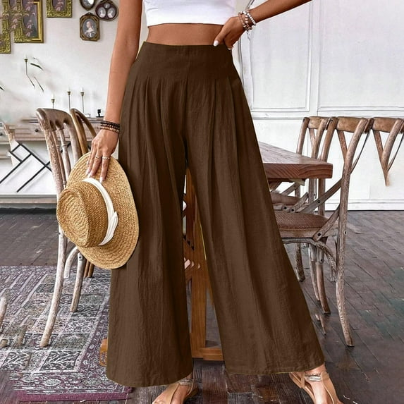 Aboser Womens Cotton Linen Palazzo Pants Summer Wide Leg Trousers Comfy High Waisted Pants Casual Loose Fit Beach Trouser with Pockets