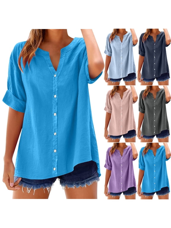 Womens Cotton Linen Shirts 2026 Summer Casual Beach Tops Dressy Button Down Blouses Loose Short Sleeve Tunic Top V Neck Henley Tshirts Purple S