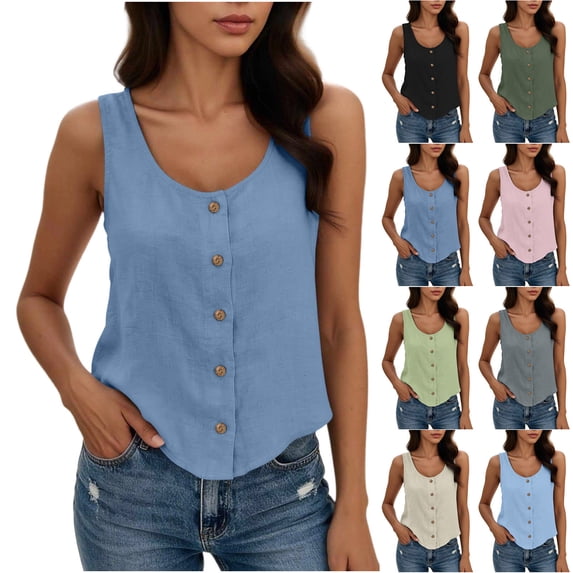 Aboser Womens Cotton Linen Tank Tops Dressy Casual Button Down Shirts Lightweight Sleeveless Summer Tanks Loose Scoop Neck Blouses