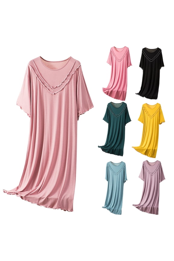 Womens Cotton Nightgown Full Length Modal Sleepwear Loose Fit Round Neck Nightshirts Solid Color Casual Pajama Dress Comfy Breathable Long Loungewear