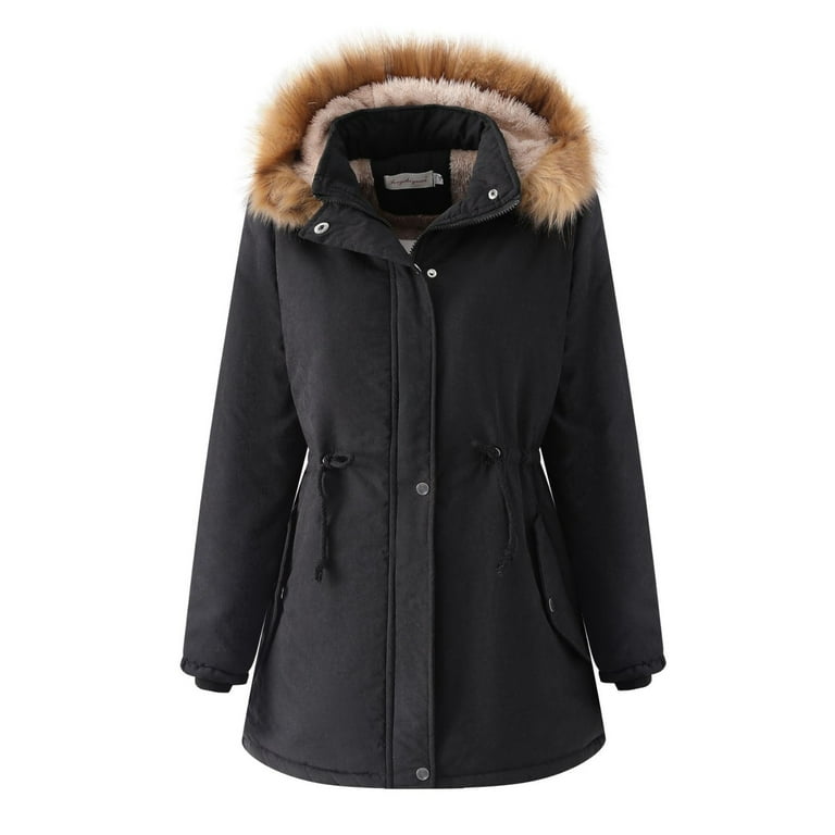 Aboser Womens Cotton Padded Jacket with Detachable Faux Fur Hood Thick Fleece Lined Parka Coat Coldproof Warm Midi Overcoats Puffy Jackets