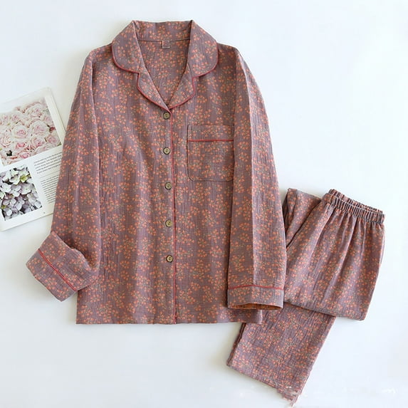 Aboser Womens Cotton Pajama Sets 2 Piece Long Sleeve Sleepwear Vintage Floral Print Loungewear Cozy Button Down PJ Set
