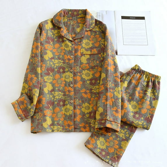 Aboser Womens Cotton Pajama Sets 2 Piece Long Sleeve Sleepwear Vintage Floral Print Loungewear Cozy Button Down PJ Set