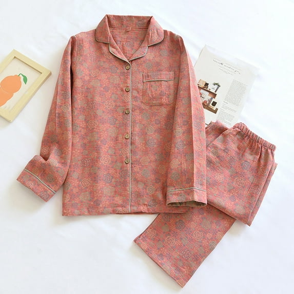 Aboser Womens Cotton Pajama Sets 2 Piece Long Sleeve Sleepwear Vintage Floral Print Loungewear Cozy Button Down PJ Set