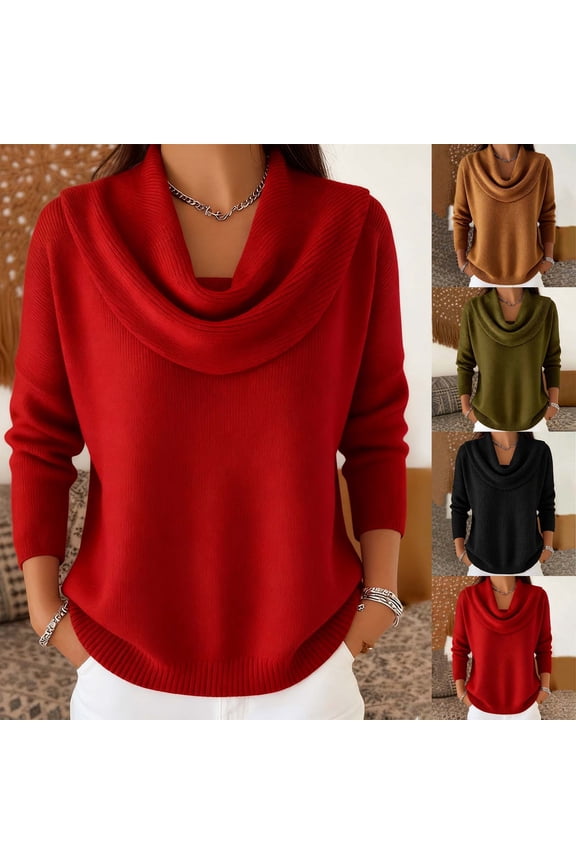 Womens Cowl Neck Sweaters Trendy Cable Knit Jumper Tops Cozy Long Sleeve Pullover Sweater Solid Color Knitwear Casual Loose Fitted Tunic Shirts