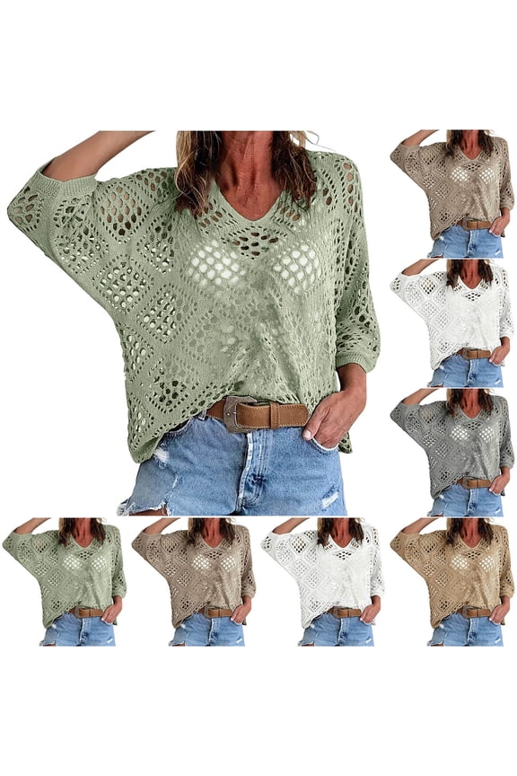 Womens Crochet Sweaters Boho Hollow Out Beach Cover Ups Lightweight V Neck Pullover Tops Loose 3/4 Sleeve Knit Sweater Soft Casual Jumpers White XXL