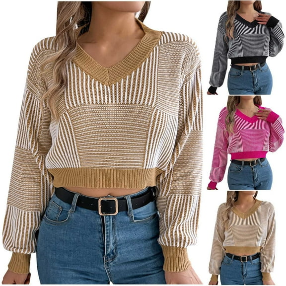 Aboser Womens Crop Sweaters Fashion Striped Party Clubwear Cozy V Neck Knitted Sweater Long Sleeve Cropped Jumper Tops for Juniors Winter Outfits Khaki XL