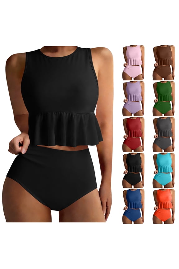 Womens Crop Tankini Swimsuits with Padded Peplum Swim Top with Buttom Bathing Suit Tummy Control Two Piece Tankinis Set Boho Ruffle Hem Beachwear