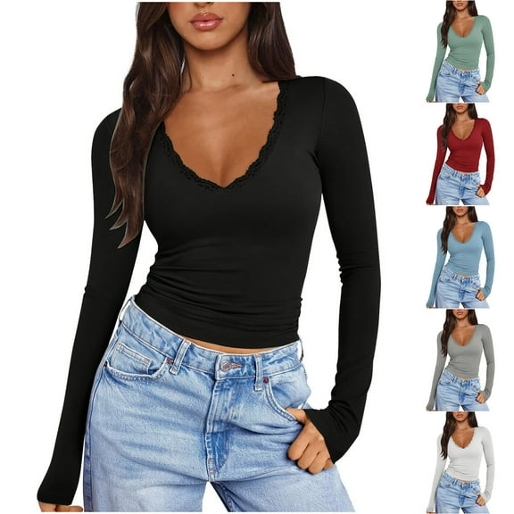 Aboser Womens Crop Tops Y2k Layering Tight Slim Fit V Neck Basic Tees Soft Lace Trim Tshirts Solid Color Long Sleeve Top Going Out Underscrubs