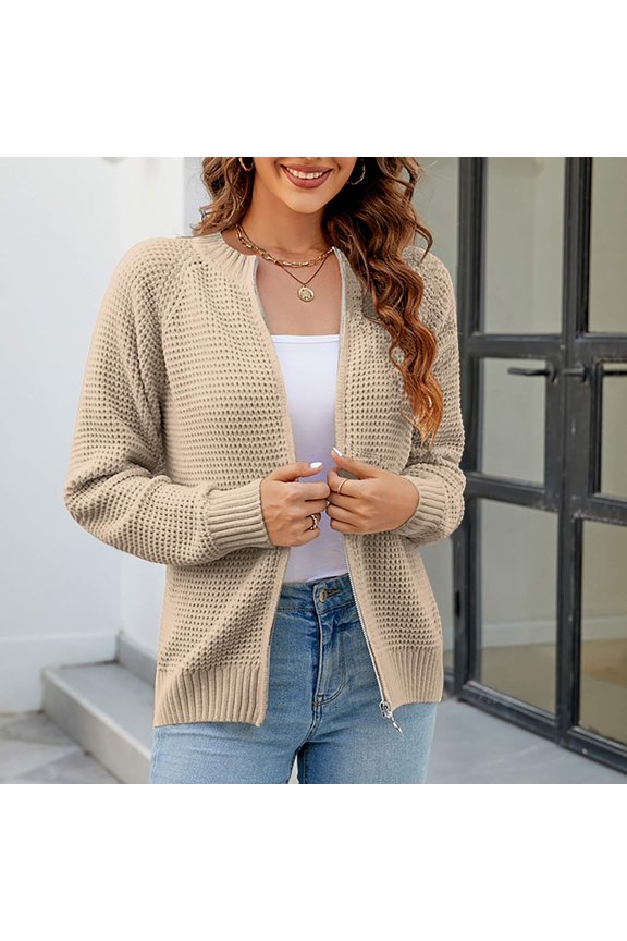 Womens Cropped Cardigan Sweater Waffle Zip Up Coat Fashion Solid Winter Sweaters Slimming Long Sleeve Cardigans Soft Lightweight Ladies Sweaters Outing Coats