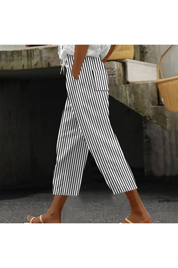 Womens Cropped Pants Casual Wide Leg Beach Pants Drawstring High Waist Lounge Pants Loose Cotton Linen Trousers with Pockets