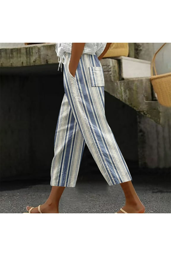 Womens Cropped Pants Cotton Linen Harem Pants Fashion Striped Printing Trousers Casual Wide Leg Palazzo Pants Drawstring Elastic Waist Capri Pants with Pockets