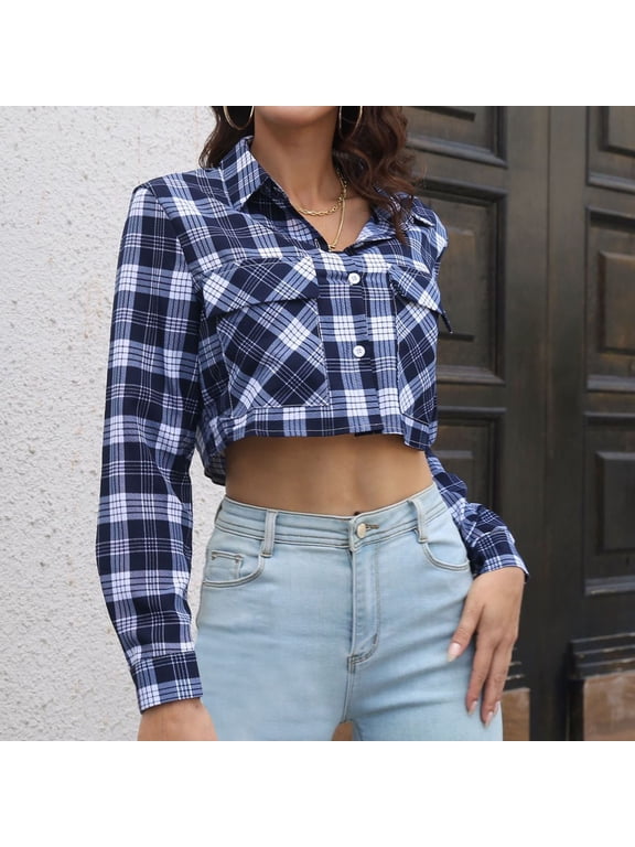 Womens Cropped Plaid Shirts Long Sleeve Flannel Jackets Casual Button Down Shirt Blouse Trendy Tartan Shacket Crop Coat