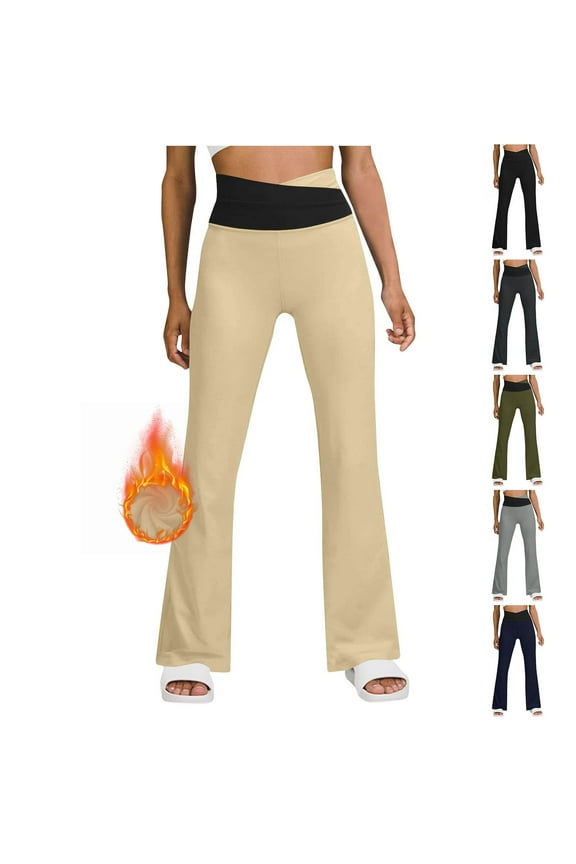 Womens Crossover Fleece Yoga Pants High Waist Tummy Control Leggings Winter Thermal Casual Workout Pants Wide Leg Flare Leggings