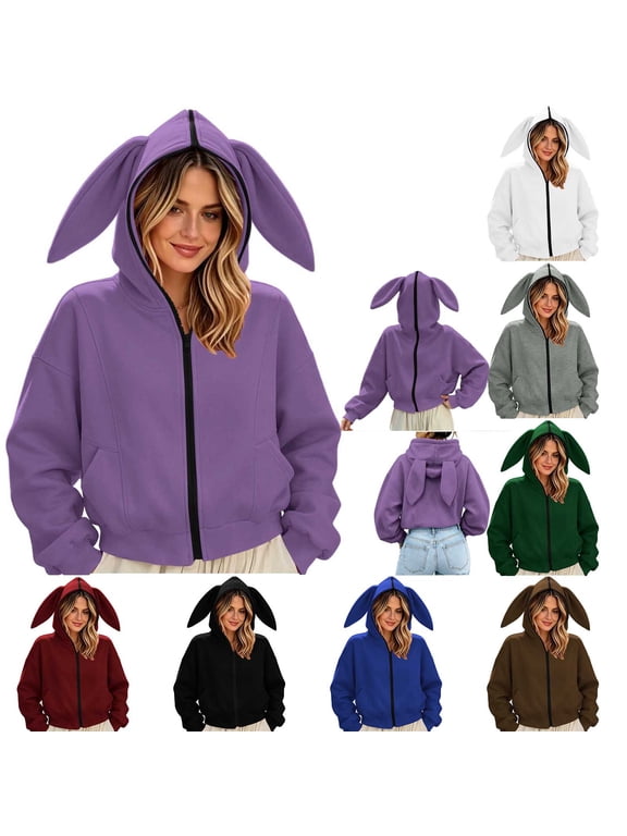 Womens Cute Bunny Hoodies with Rabbit Ear Hood Cropped Jackets Full Zip up Hoodie Jacket Trendy Long Sleeve Outwear Y2k Preppy Clothes