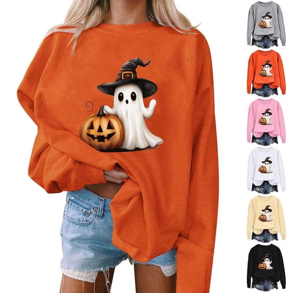 Aboser Womens Cute Sweatshirts Halloween Outfits Matching Long Sleeve Spooky Shirts Comfy Round Neck Pullover Sweatshirt Going Out Tops