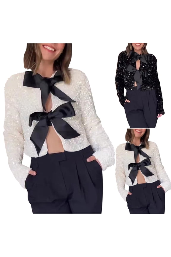 Womens Cutout Sequins Tops Cute Bow Tie Front Party Shirts Velvet Glitter Cropped Top Y2k Streetwear Comfy Long Sleeve Blouses Going Out Tops