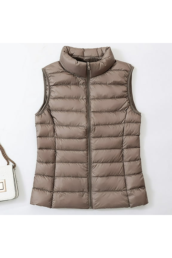 Womens Down Vests Outerwear Lightweight Stand Collar Puffy Vest Warm Sleeveless Quilted Jacket Coat Winter Zip Up Jackets Outwear