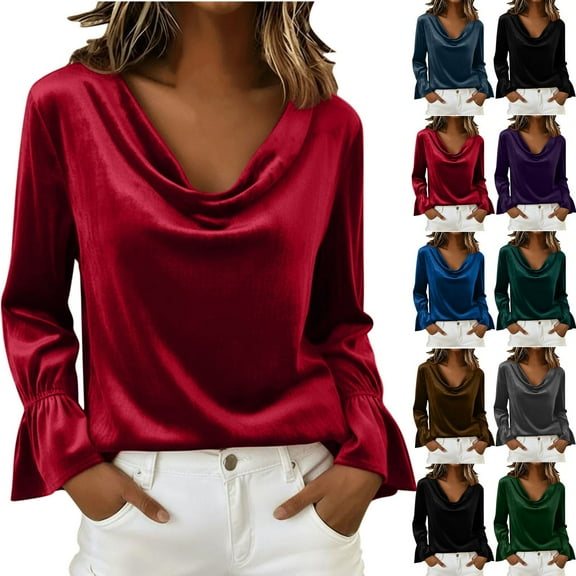 Aboser Womens Draped Velvet Tops Vintage Cowl Neck Shirts Dressy Ruffle Long Sleeve Blouse Solid Color Party Shirt Loose Fit Soft Velour Blouses