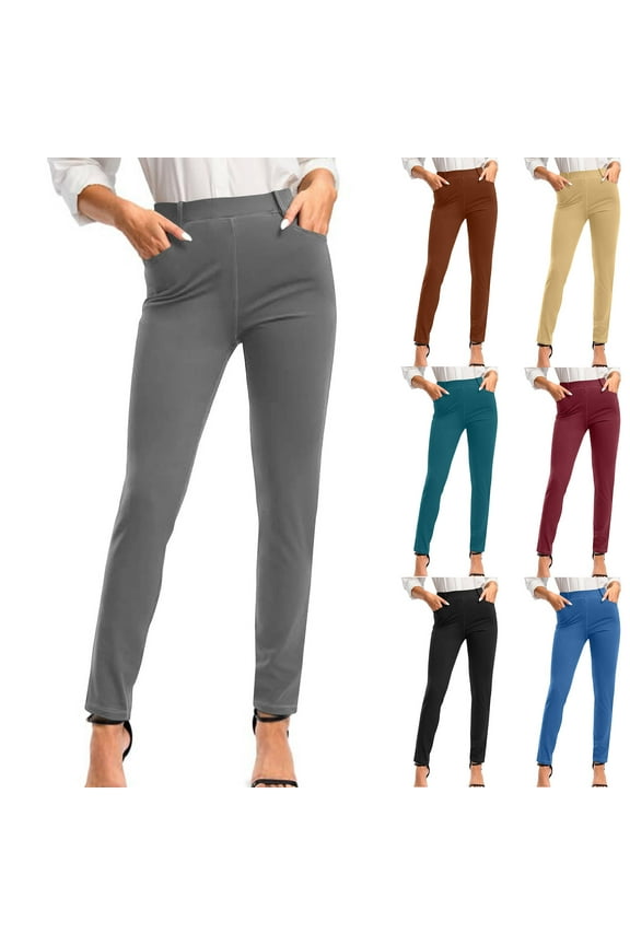Womens Dress Pants Business Casual Work Slacks Stretchy Slim Fit Office Pants Comfy High Waisted Trousers Pull On Long Pants with Pockets Navy L