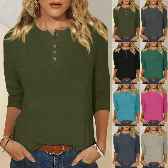 Aboser Womens Dressy Casual Henley Shirts 3/4 Length Sleeve Tunic Tops Soft Solid Color T-Shirt Slim Fit Work Blouses Button Up Basic Tees
