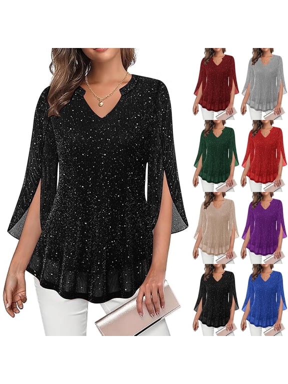 Womens Dressy Casual Tops Elegant Evening Party Blouses Ruffled 3/4 Sleeve Chiffon Shirts Flowy V Neck Pullover Top Going Out Tunic Shirt